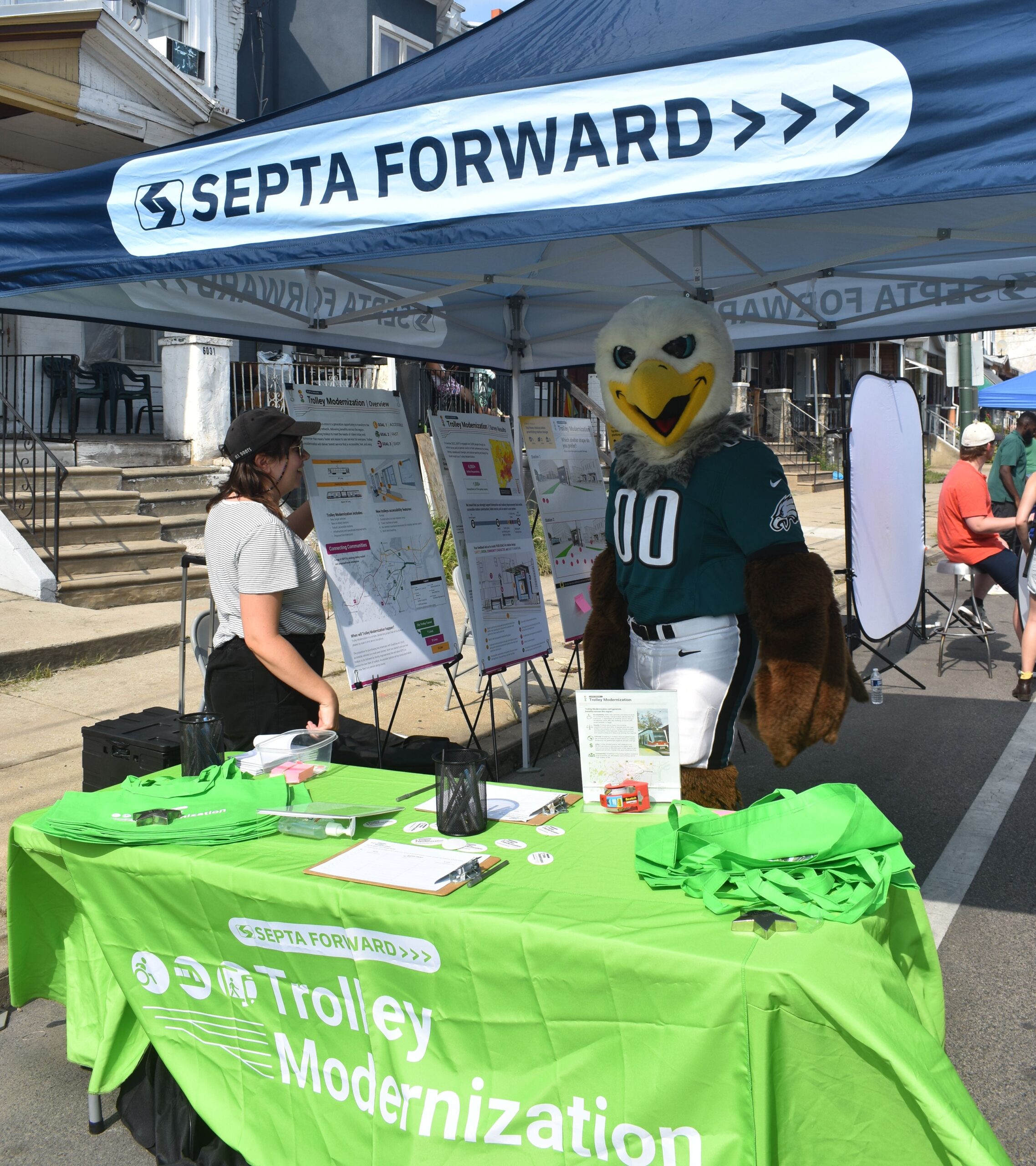 Philadelphia Eagles' mascot, Swoop, joined us at the Trolley Modernization Project tent located in the Kingsessing neighborhood.