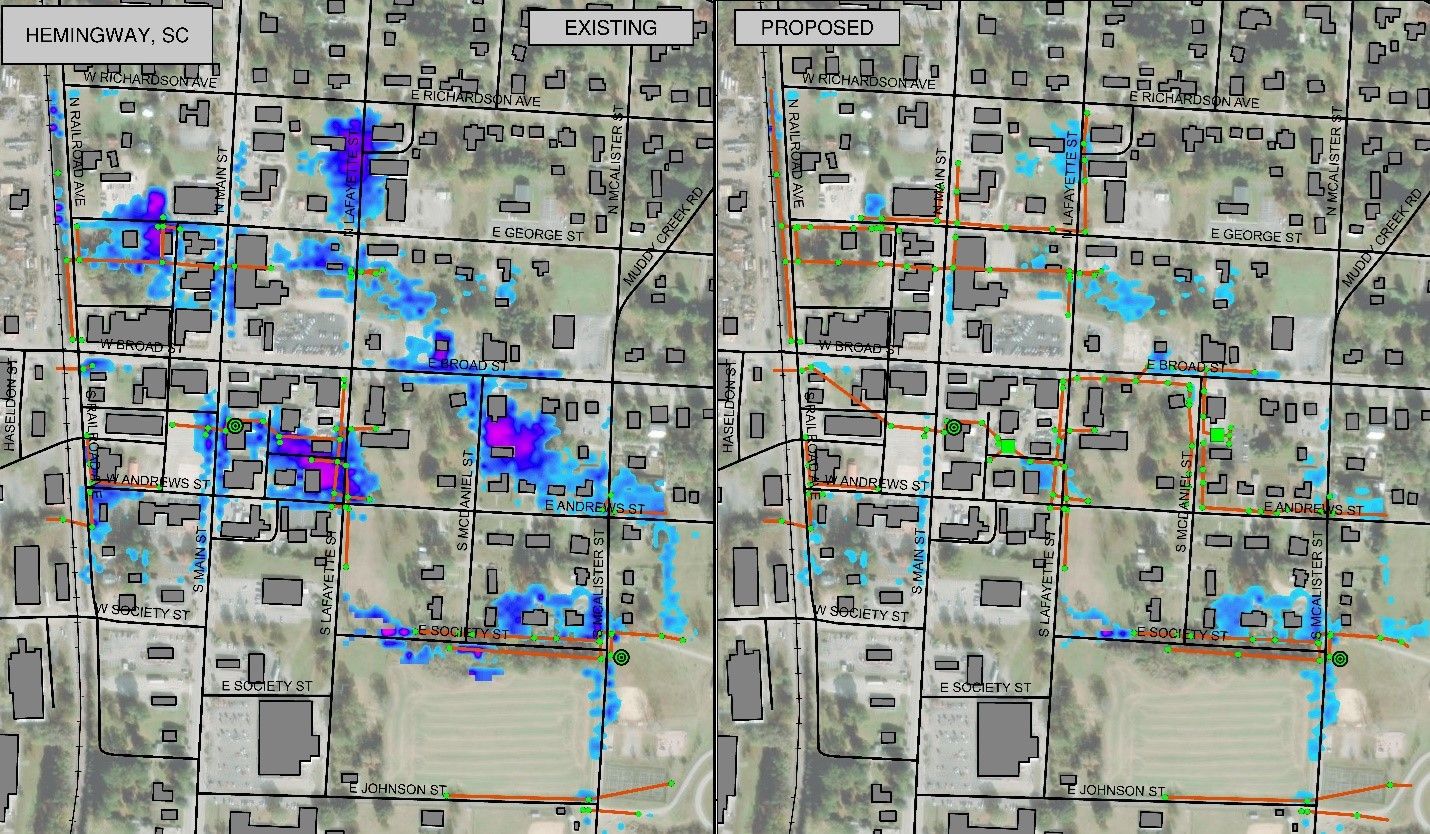 Modeled existing and proposed inundation in downtown Hemingway, SC