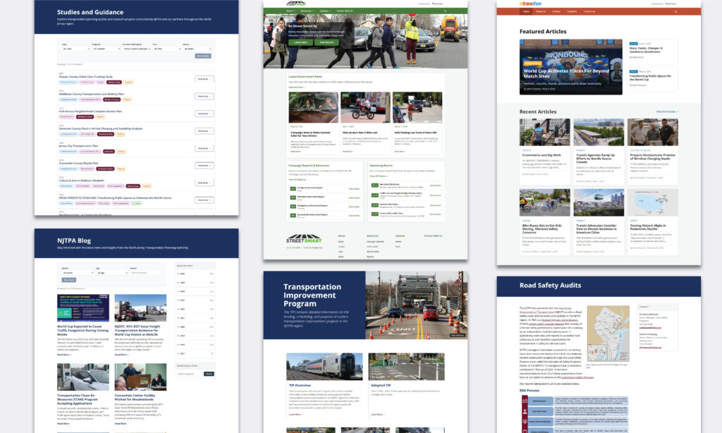 A composition of page layouts from the NJTPA website redesign, showing the new page templates and designs.